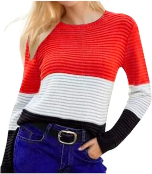 Women's Loose Fit Sweater Long Sleeve Crewneck Color Block Sweaters Fashion Lightweight Pullovers