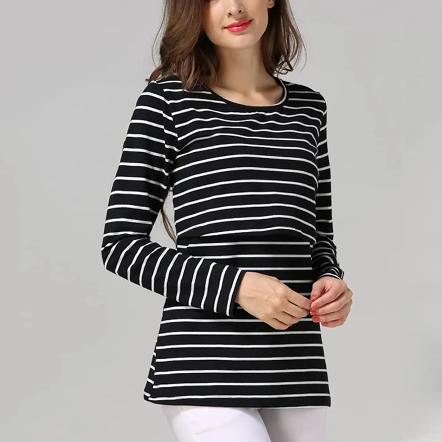Women's Maternity Nursing Tops Striped Long Sleeve Round Neck Breastfeeding Shirts Double Layer Pregnancy Tee Shirt