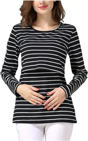 Women's Maternity Nursing Tops Striped Long Sleeve Round Neck Breastfeeding Shirts Double Layer Pregnancy Tee Shirt