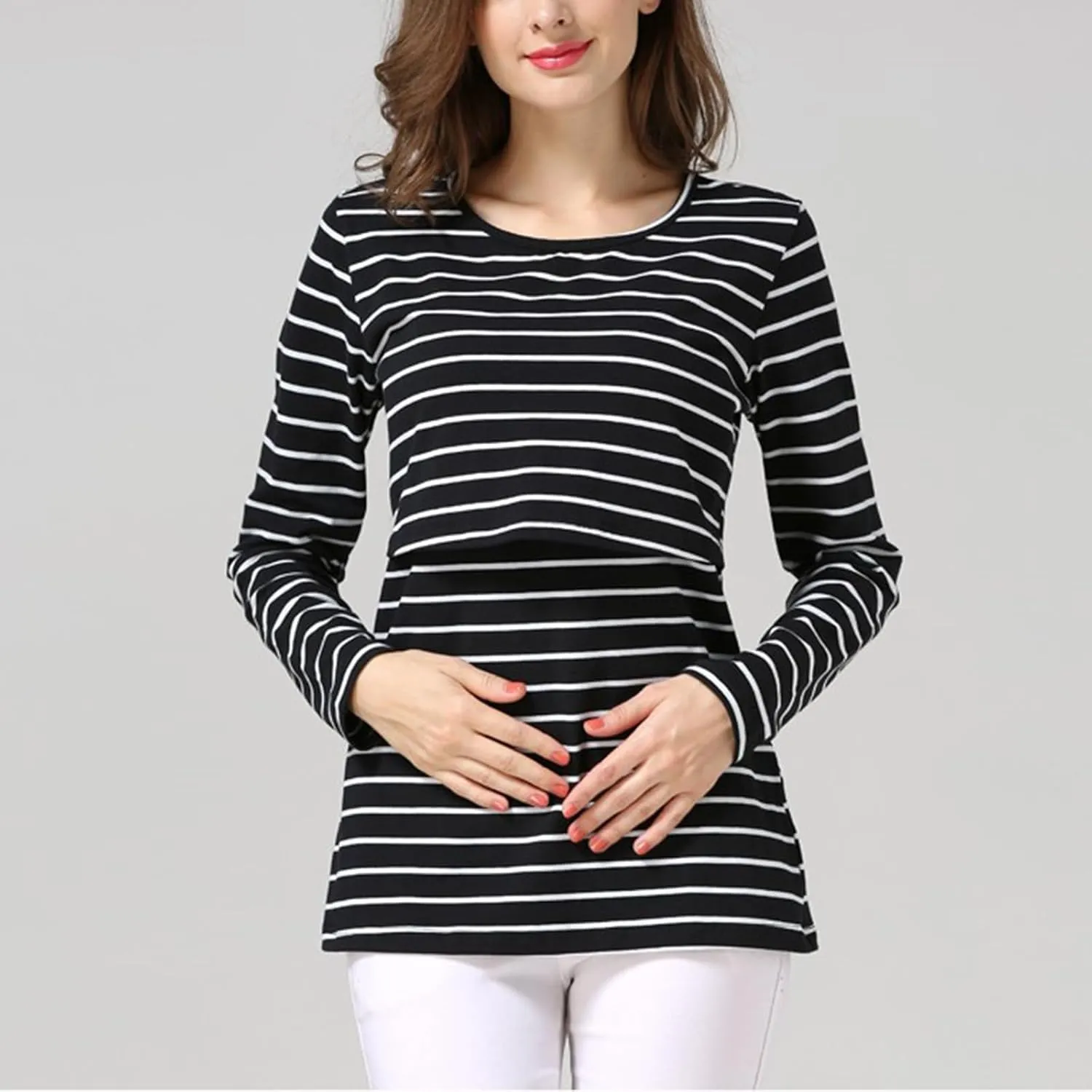 Women's Maternity Nursing Tops Striped Long Sleeve Round Neck Breastfeeding Shirts Double Layer Pregnancy Tee Shirt