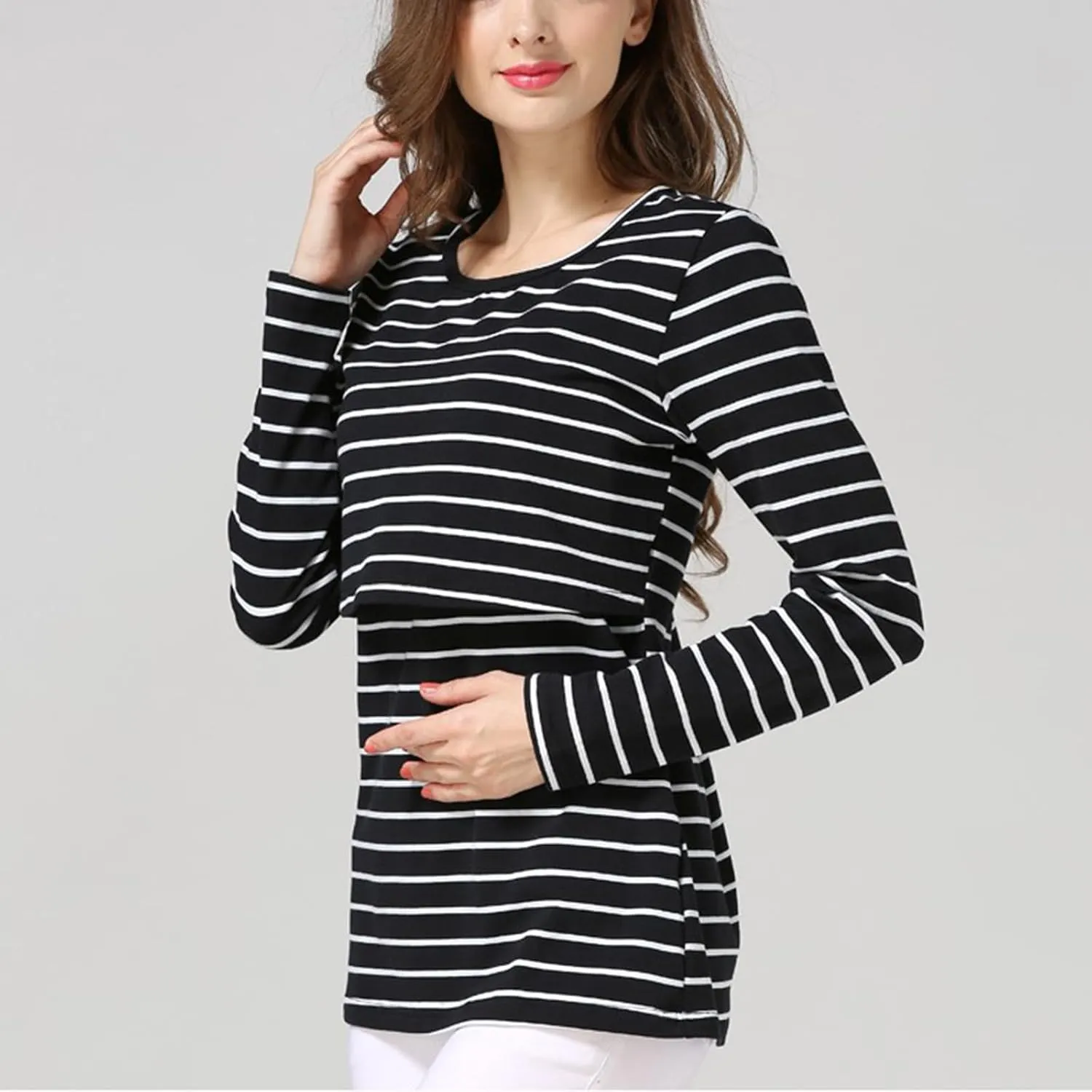 Women's Maternity Nursing Tops Striped Long Sleeve Round Neck Breastfeeding Shirts Double Layer Pregnancy Tee Shirt