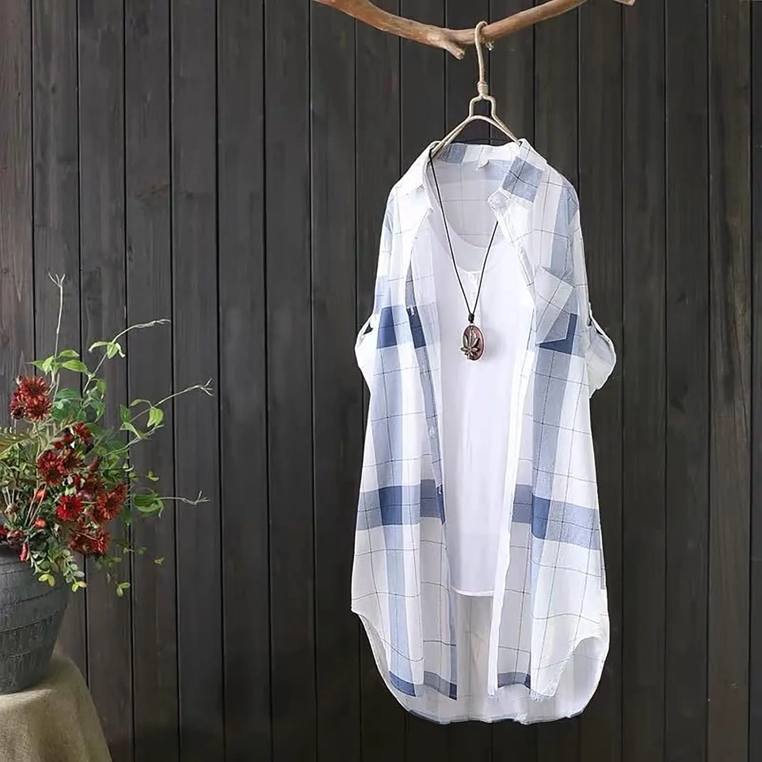 Women's Oversized Flannel Plaid Linen Shirts Camp Button Down Roll Up Sleeve Shirts Western Poplin Check Tunic Tops