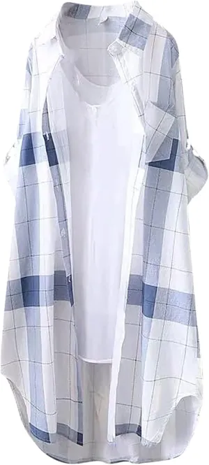 Women's Oversized Flannel Plaid Linen Shirts Camp Button Down Roll Up Sleeve Shirts Western Poplin Check Tunic Tops