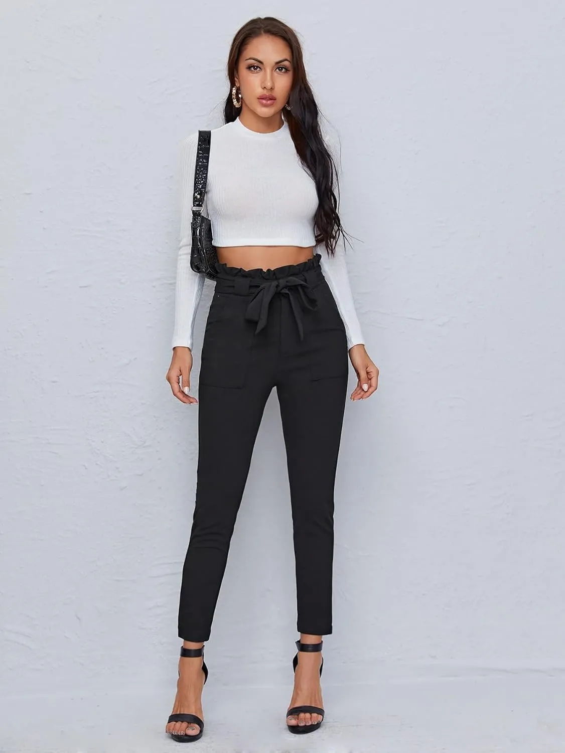 Women's Pants Paperbag Waist Double Pocket Belted Skinny Pants Work Casual Pants