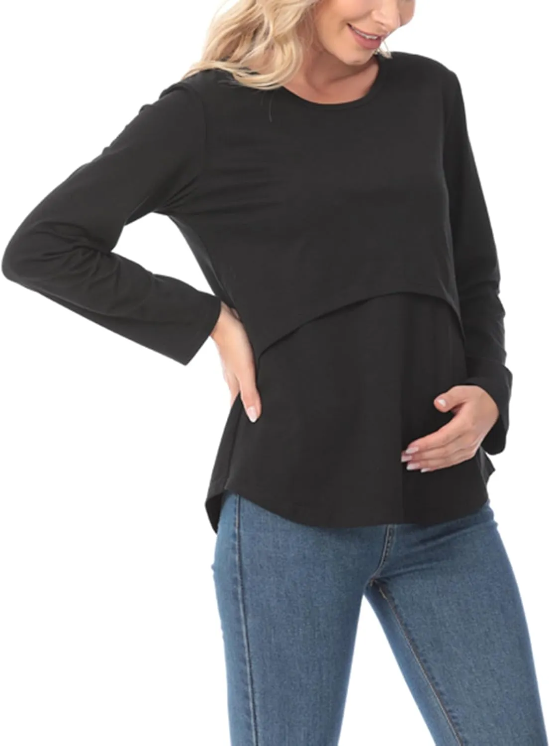 Women's Plus Size Breastfeeding Tops Double Layer Nursing Tees Long Sleeve Crew Neck Maternity Tunics Pullover
