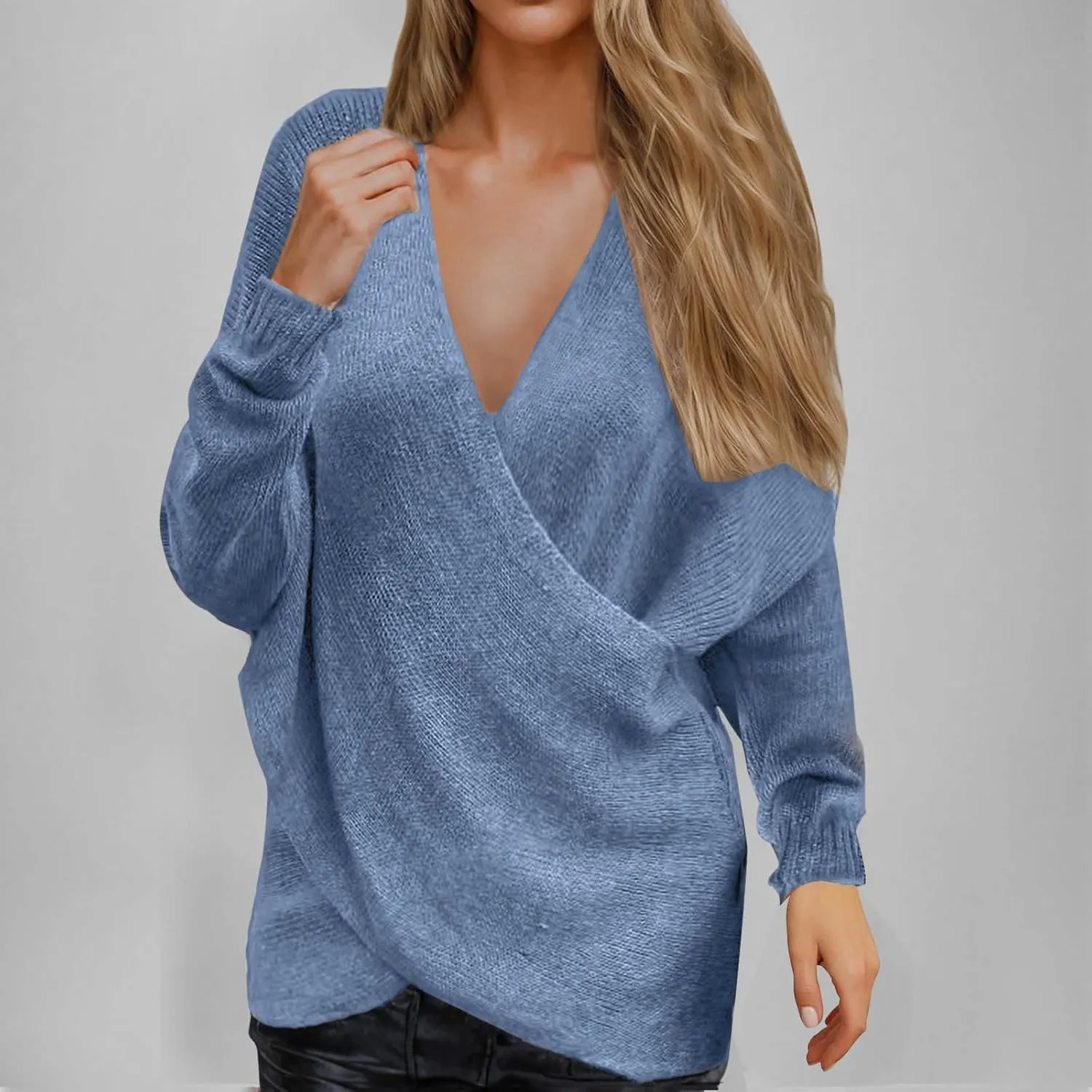 Women's Sexy Sweater V Neck Solid Color Cross Knit Drop Shoulder Shirts Lazy Fashion Lightweight 2024 Winter Outfits