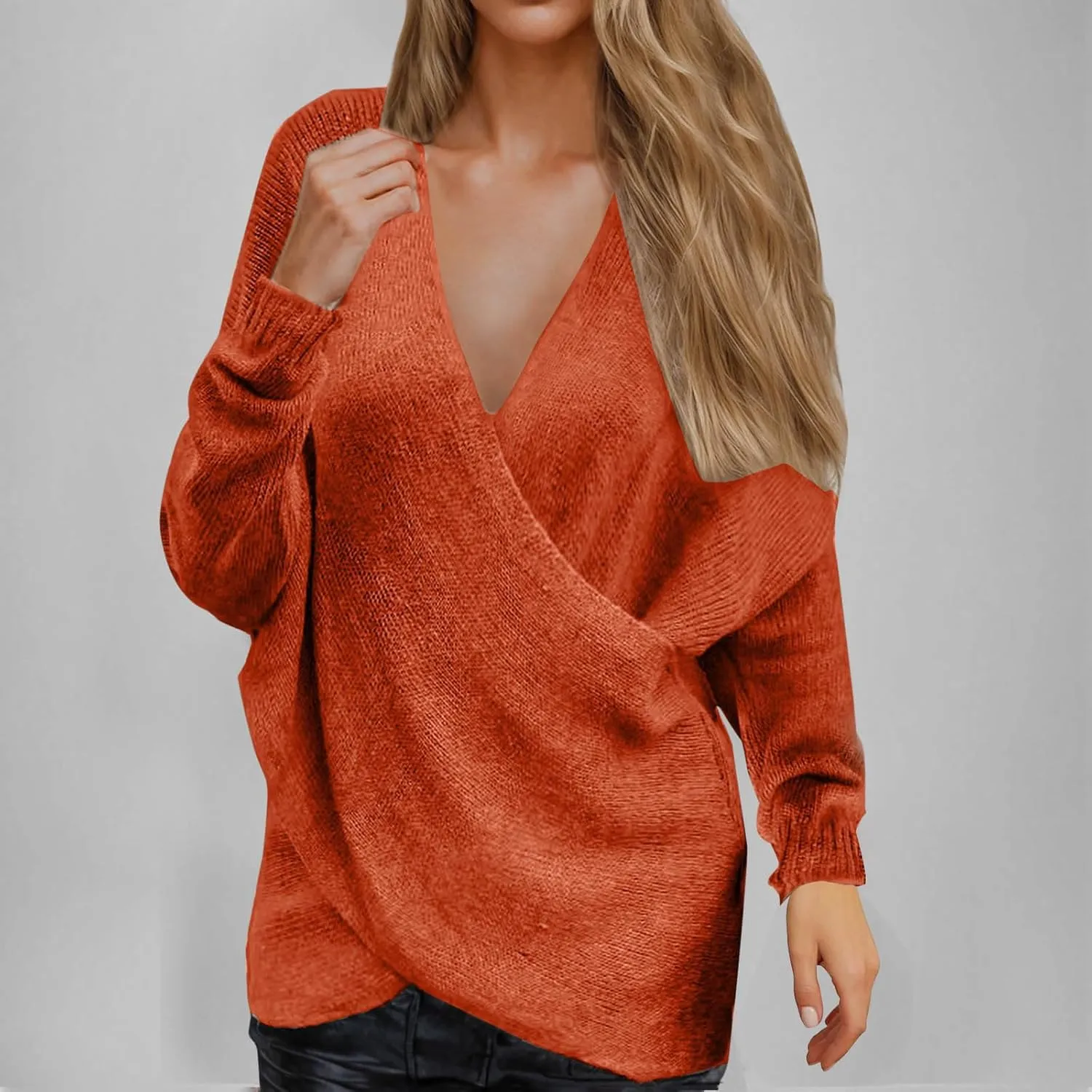 Women's Sexy Sweater V Neck Solid Color Cross Knit Drop Shoulder Shirts Lazy Fashion Lightweight 2024 Winter Outfits