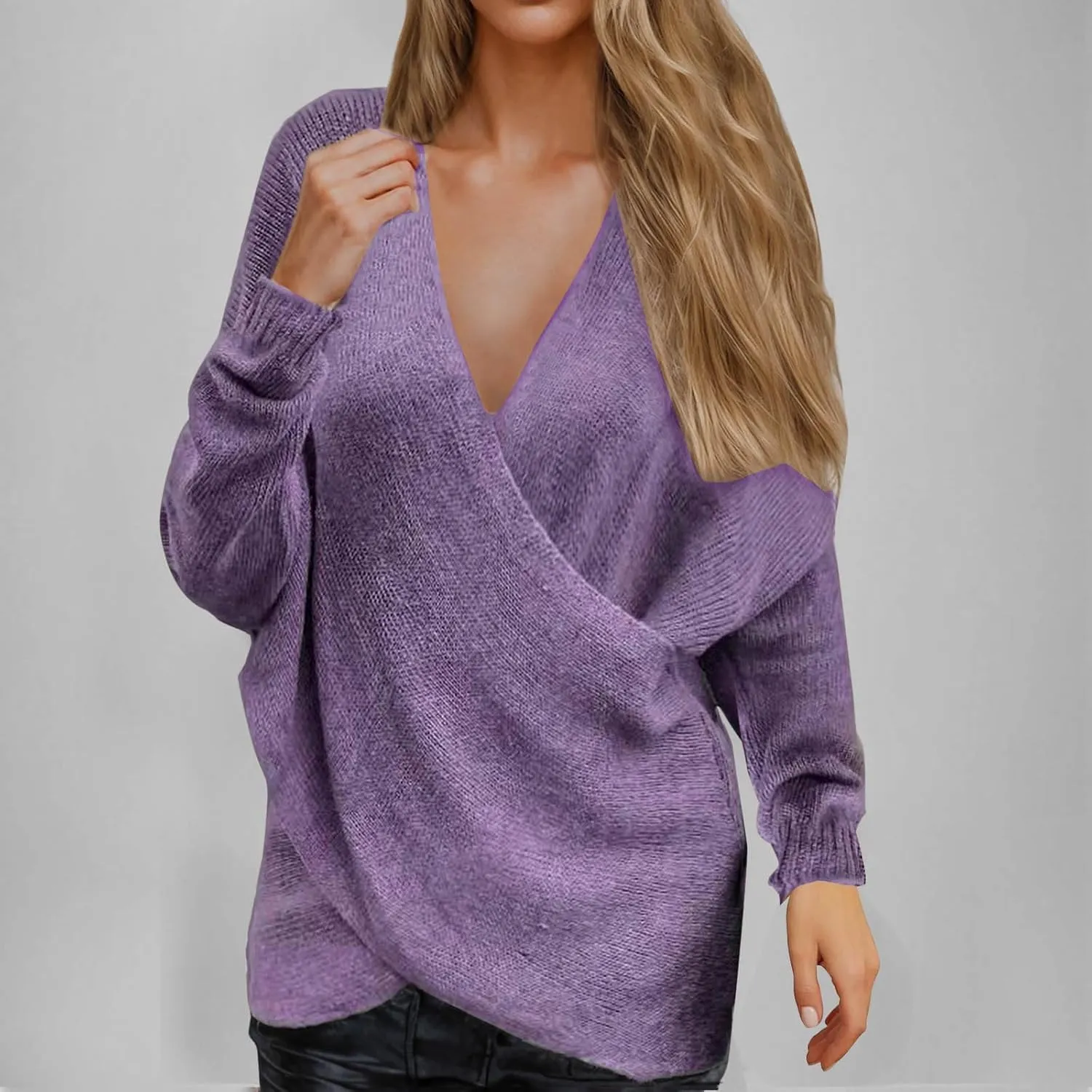 Women's Sexy Sweater V Neck Solid Color Cross Knit Drop Shoulder Shirts Lazy Fashion Lightweight 2024 Winter Outfits