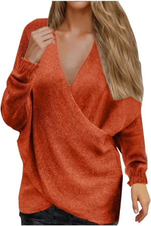 Women's Sexy Sweater V Neck Solid Color Cross Knit Drop Shoulder Shirts Lazy Fashion Lightweight 2024 Winter Outfits