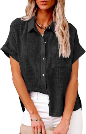 Womens Solid Summer Dress Shirts Linen Loose Fit Collared Roll Up Sleeve Button Down Blouses Henley Tops with Pocket Black