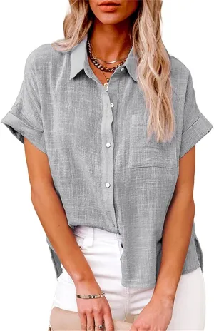 Womens Solid Summer Dress Shirts Linen Loose Fit Collared Roll Up Sleeve Button Down Blouses Henley Tops with Pocket Grey