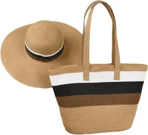 Womens Straw Beach Bag Straw Sun Hat Wide Brim Beach Hat Summer Shoulder Bag Set