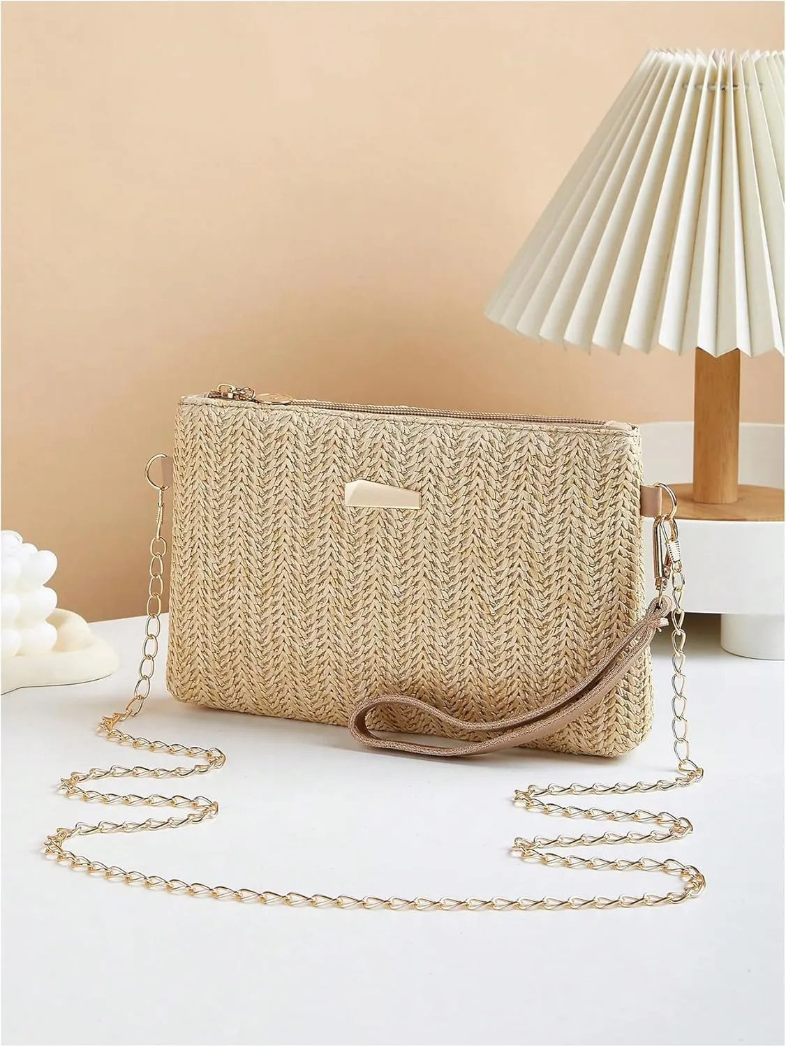 Women's Straw Square Shoulder Handbags Woven Chain Strap Crossbody Bags Zipper Beach Purse