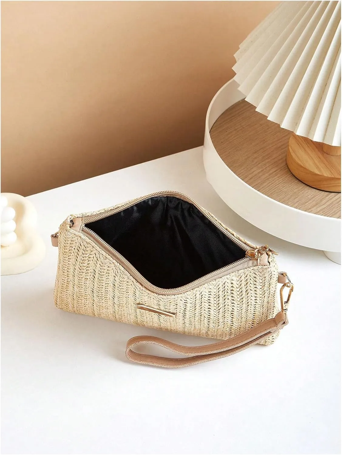 Women's Straw Square Shoulder Handbags Woven Chain Strap Crossbody Bags Zipper Beach Purse