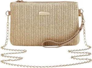 Women's Straw Square Shoulder Handbags Woven Chain Strap Crossbody Bags Zipper Beach Purse