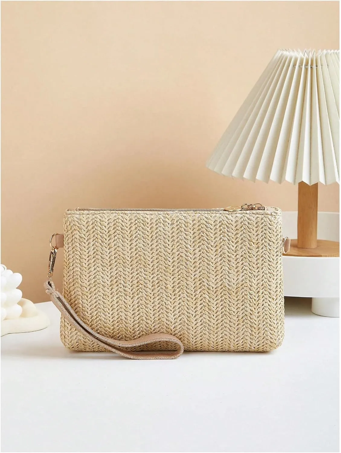 Women's Straw Square Shoulder Handbags Woven Chain Strap Crossbody Bags Zipper Beach Purse
