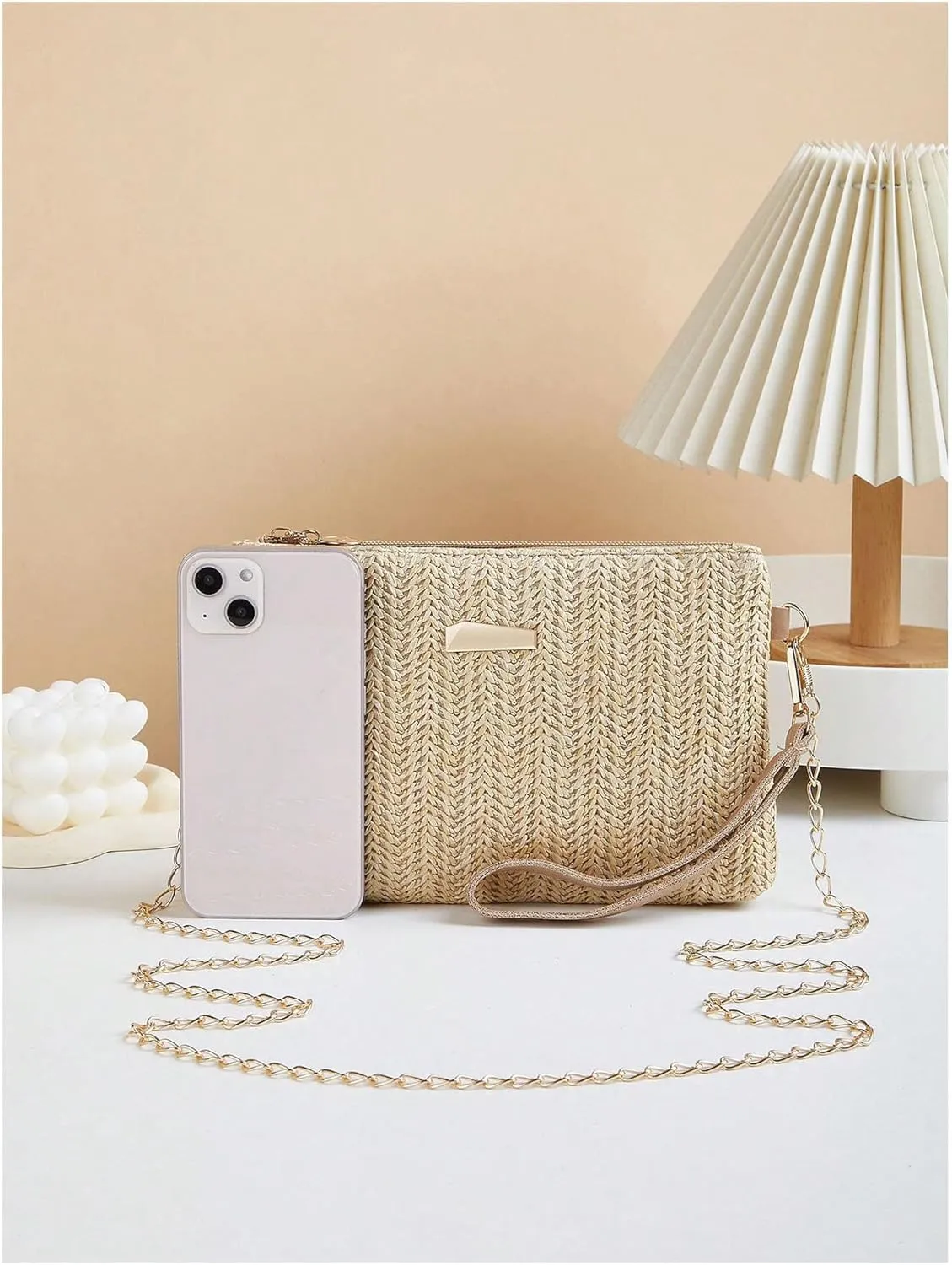 Women's Straw Square Shoulder Handbags Woven Chain Strap Crossbody Bags Zipper Beach Purse