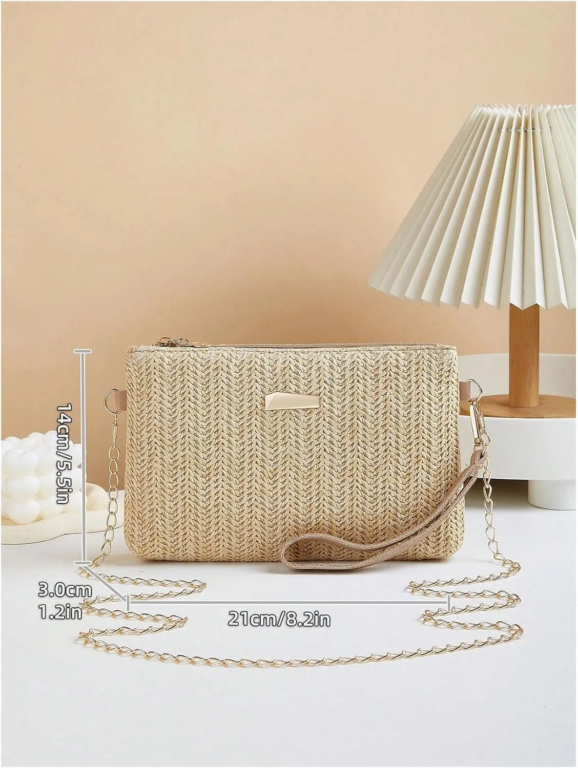 Women's Straw Square Shoulder Handbags Woven Chain Strap Crossbody Bags Zipper Beach Purse