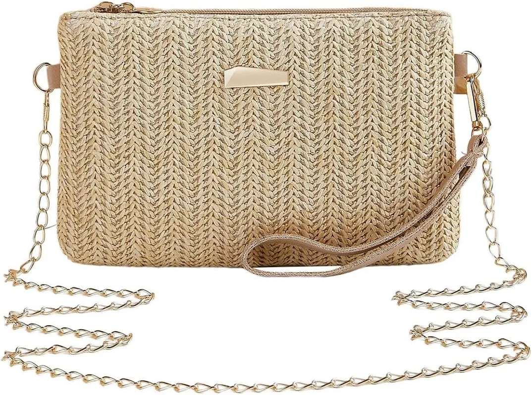 Women's Straw Square Shoulder Handbags Woven Chain Strap Crossbody Bags Zipper Beach Purse
