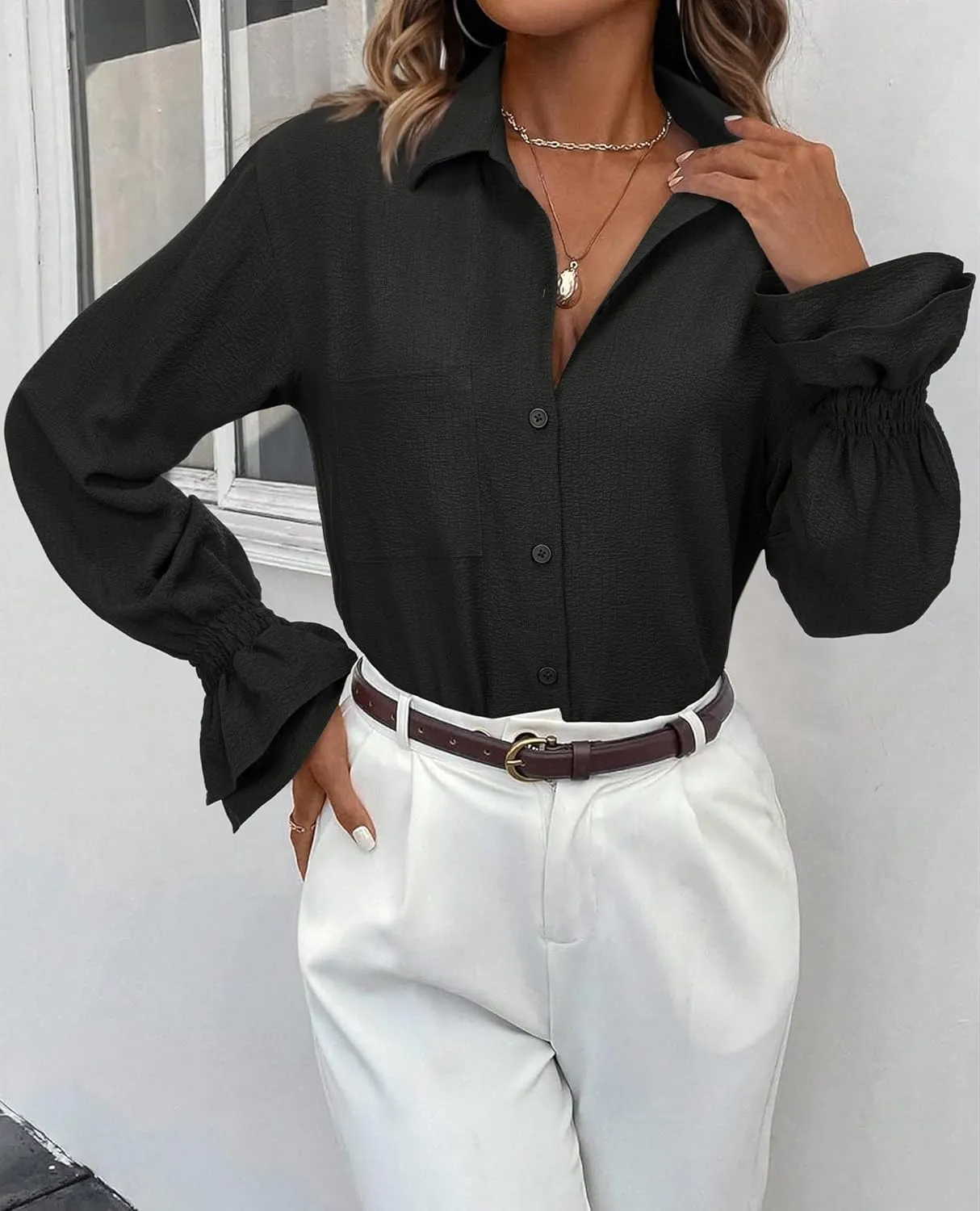 Women's Striped Button Down Shirt Smocked Cuffed Boyfriend Blouse Ruffle Sleeve Casual Tunic Tops with Pockets