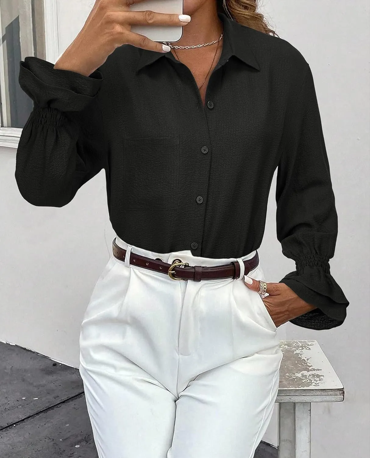 Women's Striped Button Down Shirt Smocked Cuffed Boyfriend Blouse Ruffle Sleeve Casual Tunic Tops with Pockets