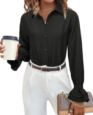 Women's Striped Button Down Shirt Smocked Cuffed Boyfriend Blouse Ruffle Sleeve Casual Tunic Tops with Pockets