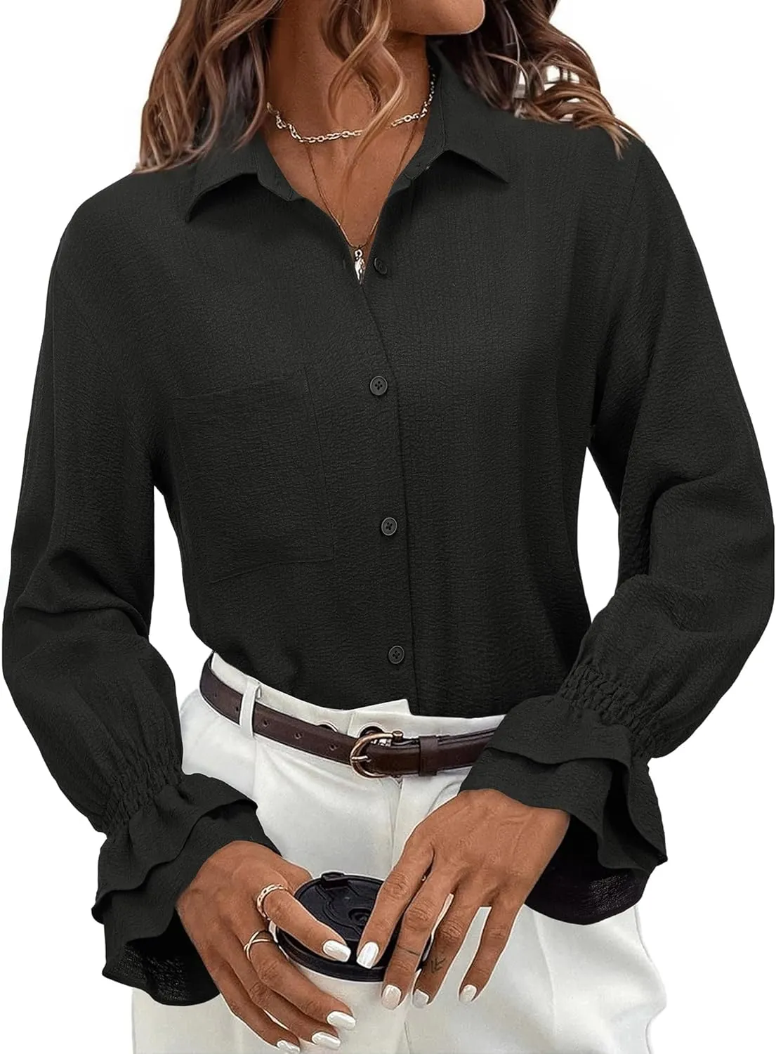 Women's Striped Button Down Shirt Smocked Cuffed Boyfriend Blouse Ruffle Sleeve Casual Tunic Tops with Pockets