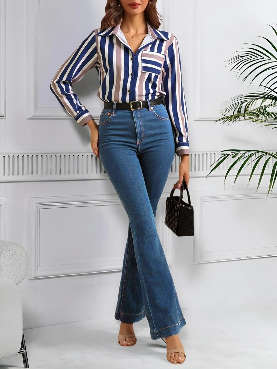 Women's Striped Long Sleeve Shirt Button Down Collar Neck Work Office Blouses