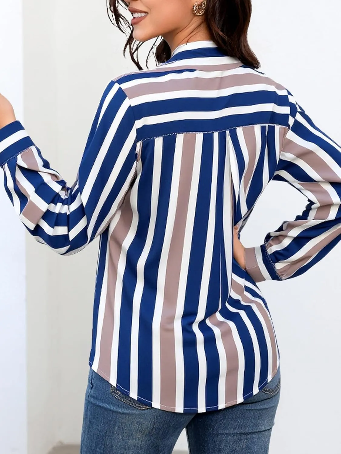 Women's Striped Long Sleeve Shirt Button Down Collar Neck Work Office Blouses