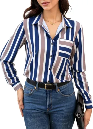 Women's Striped Long Sleeve Shirt Button Down Collar Neck Work Office Blouses
