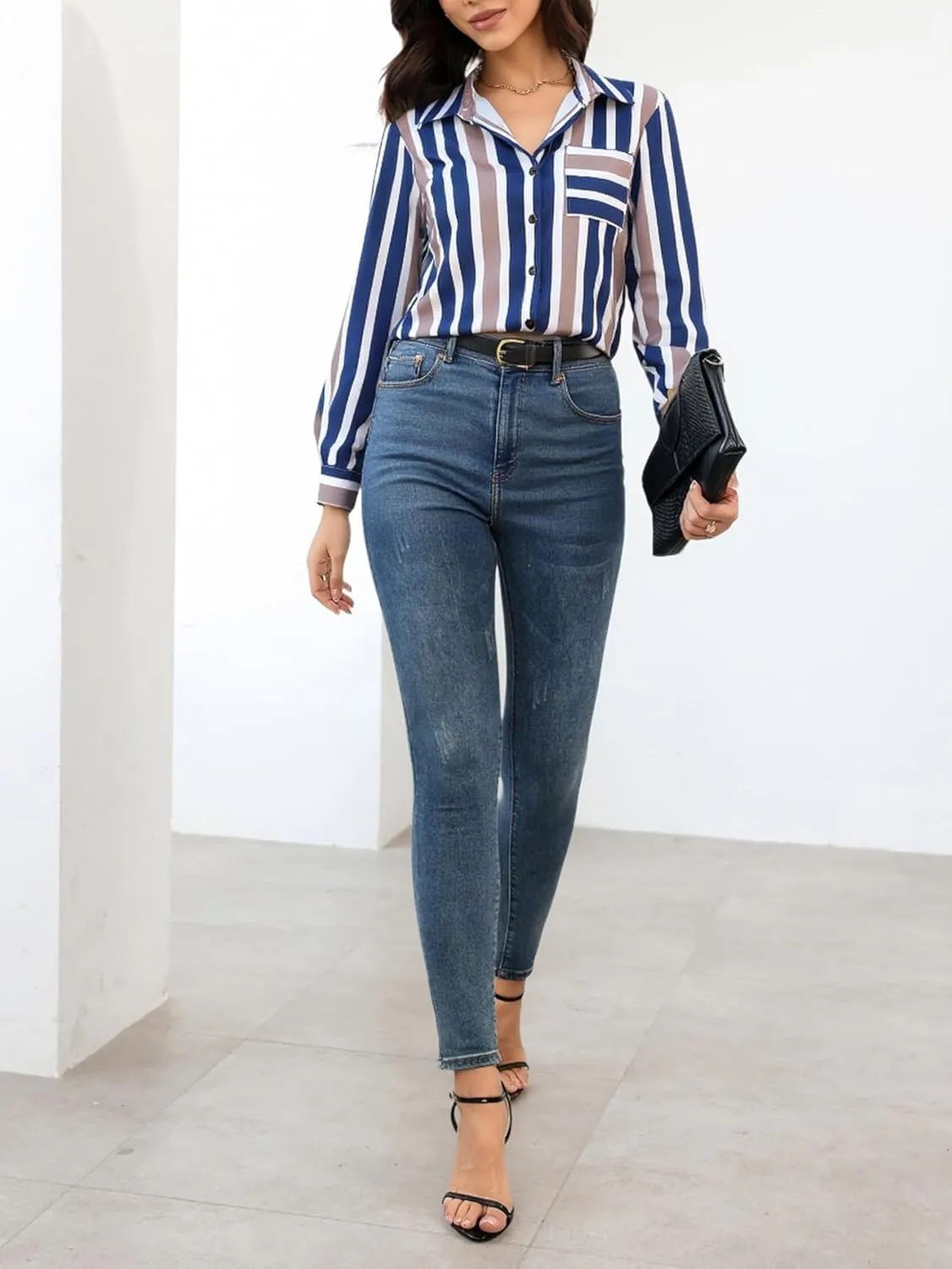 Women's Striped Long Sleeve Shirt Button Down Collar Neck Work Office Blouses