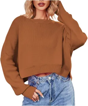 Women's Striped Sweater Winter 2024 Round Neck Long Sleeve Casual Loose Shirt High Waist Wide Hem Solid Knit Sweater