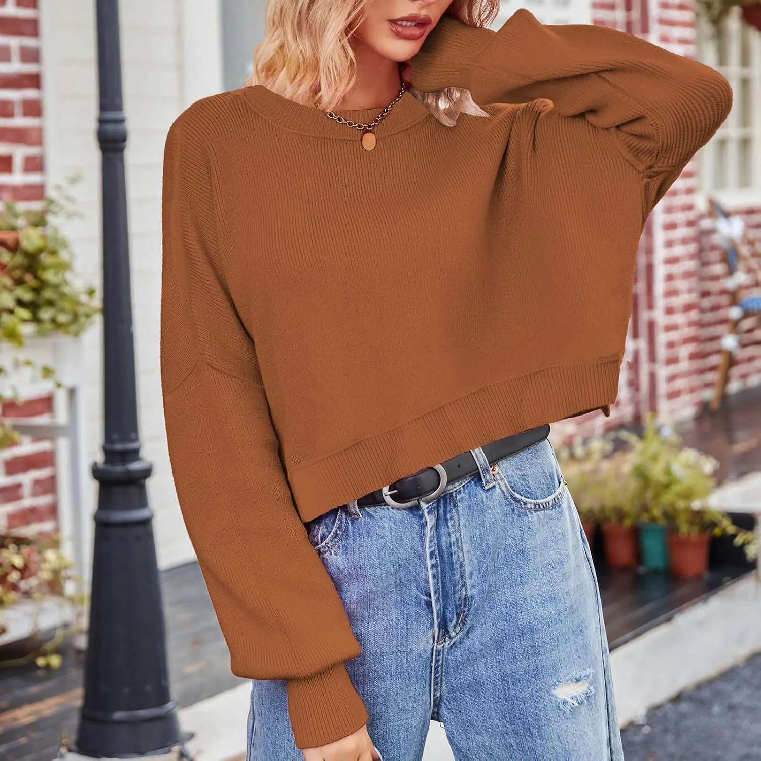 Women's Striped Sweater Winter 2024 Round Neck Long Sleeve Casual Loose Shirt High Waist Wide Hem Solid Knit Sweater