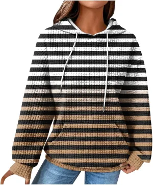 Women's Striped Waffle Oversized Hoodies Sweatshirts,Winter Casual Crew Neck Long Sleeve Pullover,Teen Girls Tops
