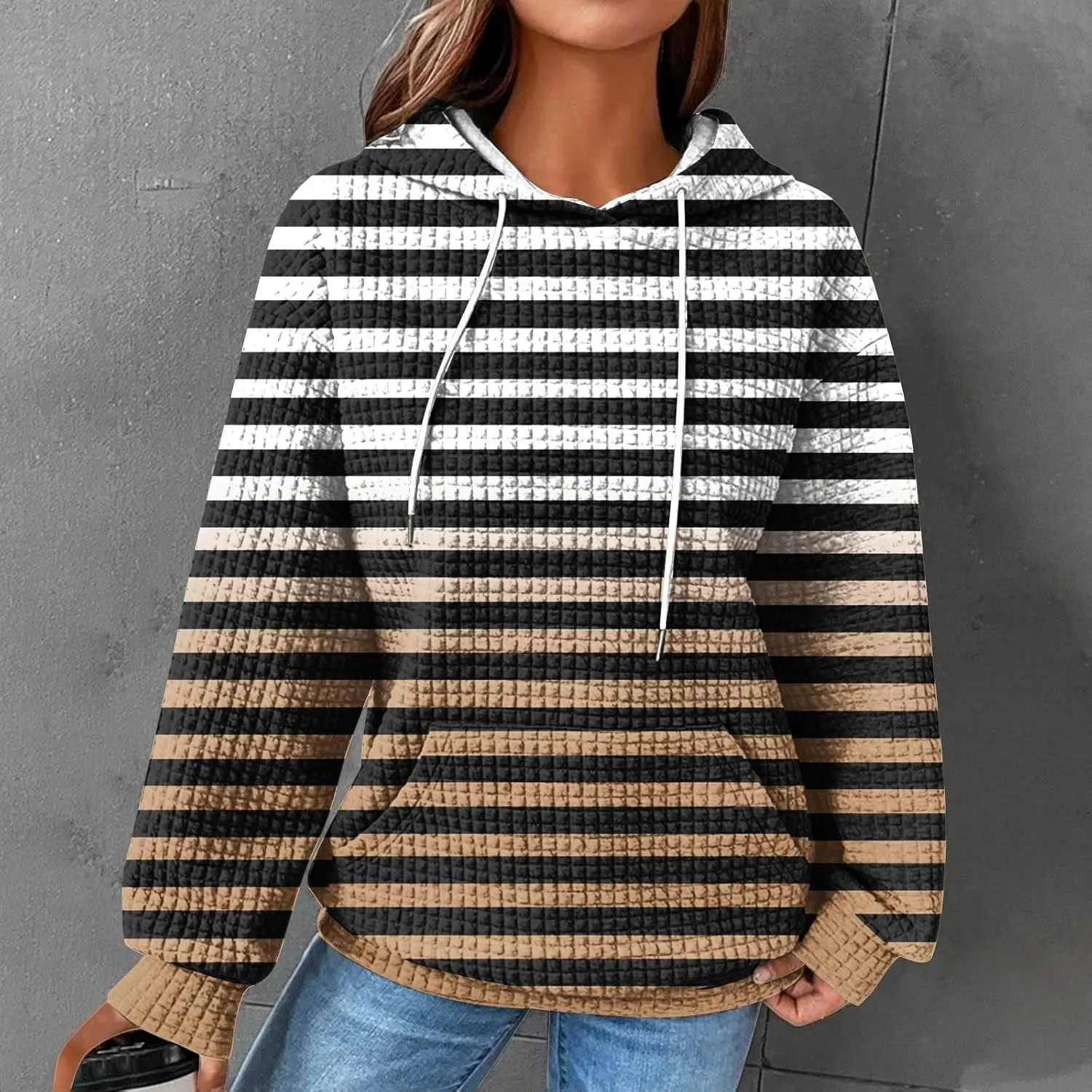 Women's Striped Waffle Oversized Hoodies Sweatshirts,Winter Casual Crew Neck Long Sleeve Pullover,Teen Girls Tops