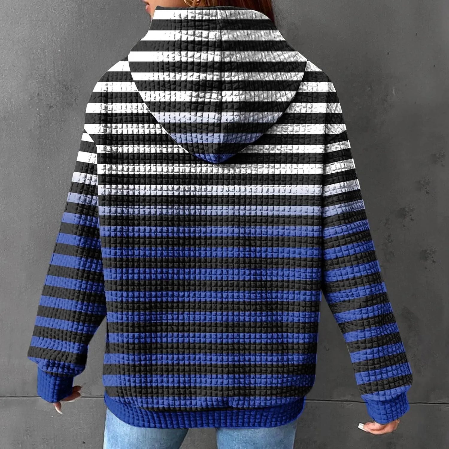 Women's Striped Waffle Oversized Hoodies Sweatshirts,Winter Casual Crew Neck Long Sleeve Pullover,Teen Girls Tops