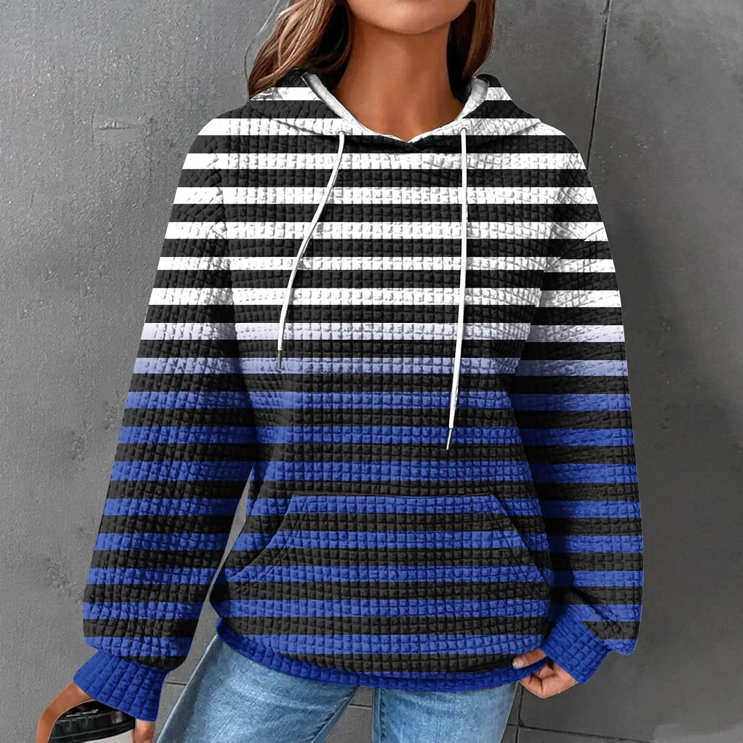 Women's Striped Waffle Oversized Hoodies Sweatshirts,Winter Casual Crew Neck Long Sleeve Pullover,Teen Girls Tops