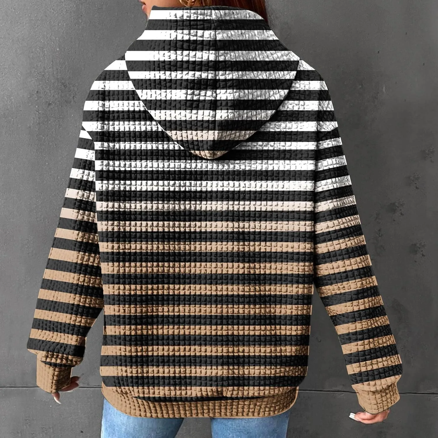 Women's Striped Waffle Oversized Hoodies Sweatshirts,Winter Casual Crew Neck Long Sleeve Pullover,Teen Girls Tops