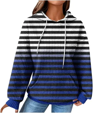 Women's Striped Waffle Oversized Hoodies Sweatshirts,Winter Casual Crew Neck Long Sleeve Pullover,Teen Girls Tops