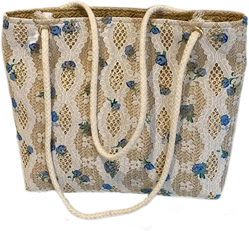 Women's Summer Beach Travel Tote Bag Handwoven Straw Shoulder Bag for Shopping Lightweight Beach Bag (White)