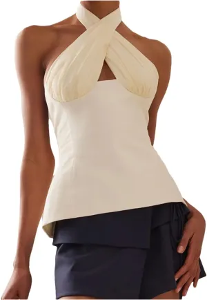Women's Summer Sleeveless Tank Tops Halter Neck Backless Tie-Up Off-Shoulder Ruched Crop Solid Streetwear Fashion