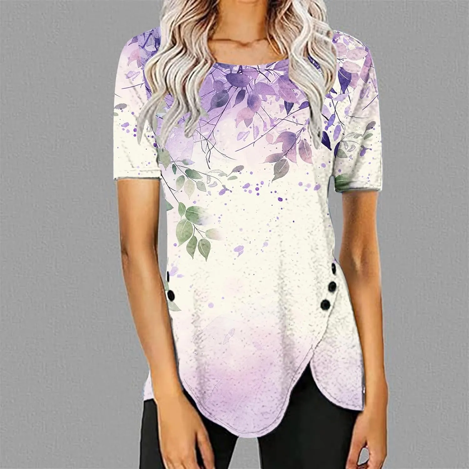 Womens Summer Tops Casual Short Sleeve Side Button Tunci Shirts Cute Floral Tops Casual Ladies Summer Tops 2024