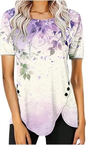 Womens Summer Tops Casual Short Sleeve Side Button Tunci Shirts Cute Floral Tops Casual Ladies Summer Tops 2024