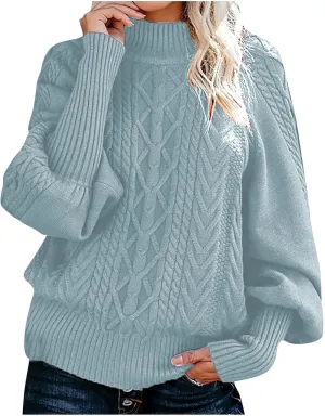Womens Sweaters Casual Solid Long Sleeve Thick Knit Striped Pullover Crewneck Wide Hem Fitting Cozy Tops Outwear