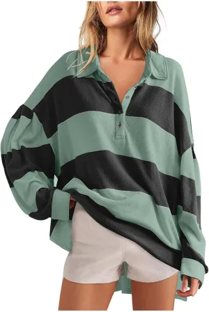 Womens Tops Dressy Casual Long Sleeve Quarter Buttons Striped Shirts Plus Size V Neck Oversized Blouse Fall Clothes