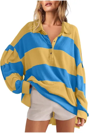 Womens Tops Dressy Casual Long Sleeve Quarter Buttons Striped Shirts Plus Size V Neck Oversized Blouse Fall Clothes