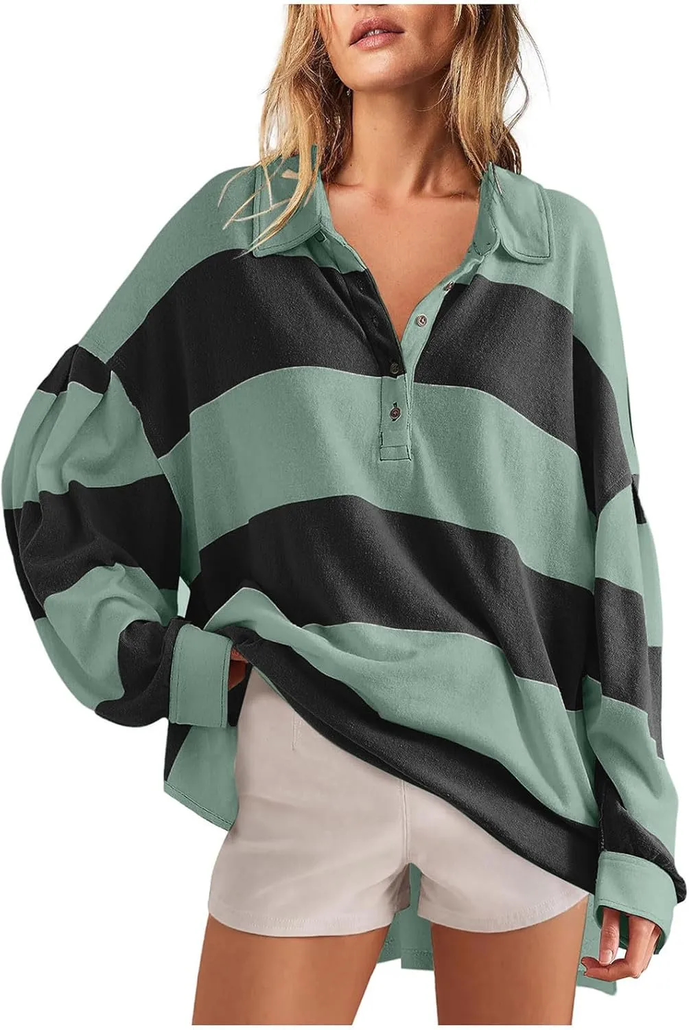 Womens Tops Dressy Casual Long Sleeve Quarter Buttons Striped Shirts Plus Size V Neck Oversized Blouse Fall Clothes