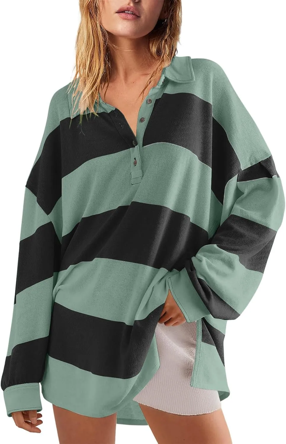 Womens Tops Dressy Casual Long Sleeve Quarter Buttons Striped Shirts Plus Size V Neck Oversized Blouse Fall Clothes
