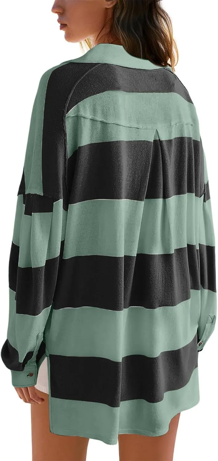 Womens Tops Dressy Casual Long Sleeve Quarter Buttons Striped Shirts Plus Size V Neck Oversized Blouse Fall Clothes