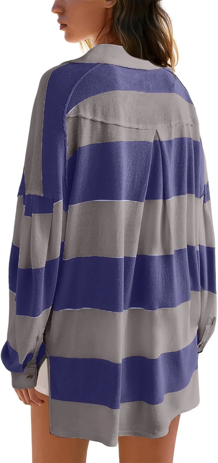 Womens Tops Dressy Casual Long Sleeve Quarter Buttons Striped Shirts Plus Size V Neck Oversized Blouse Fall Clothes